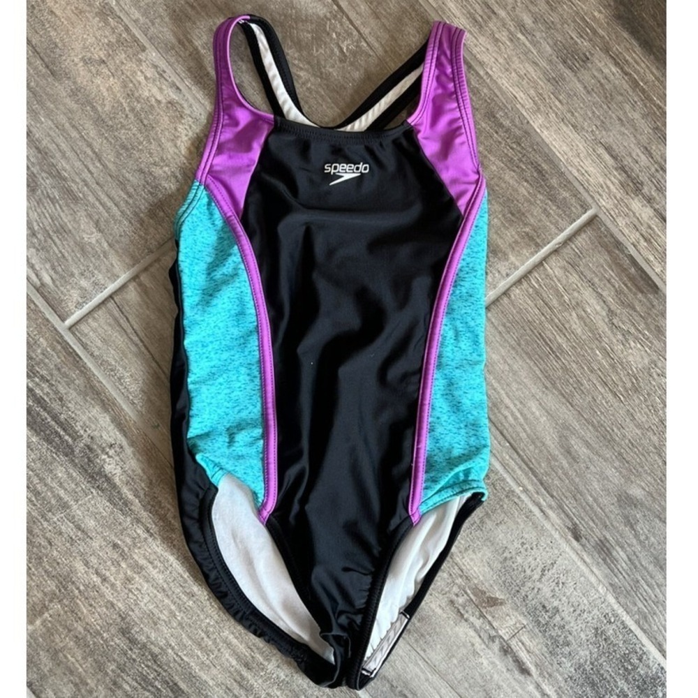 Speedo Girls Small One Piece Swimsuit Colorblock Black Purple Teal Racerback